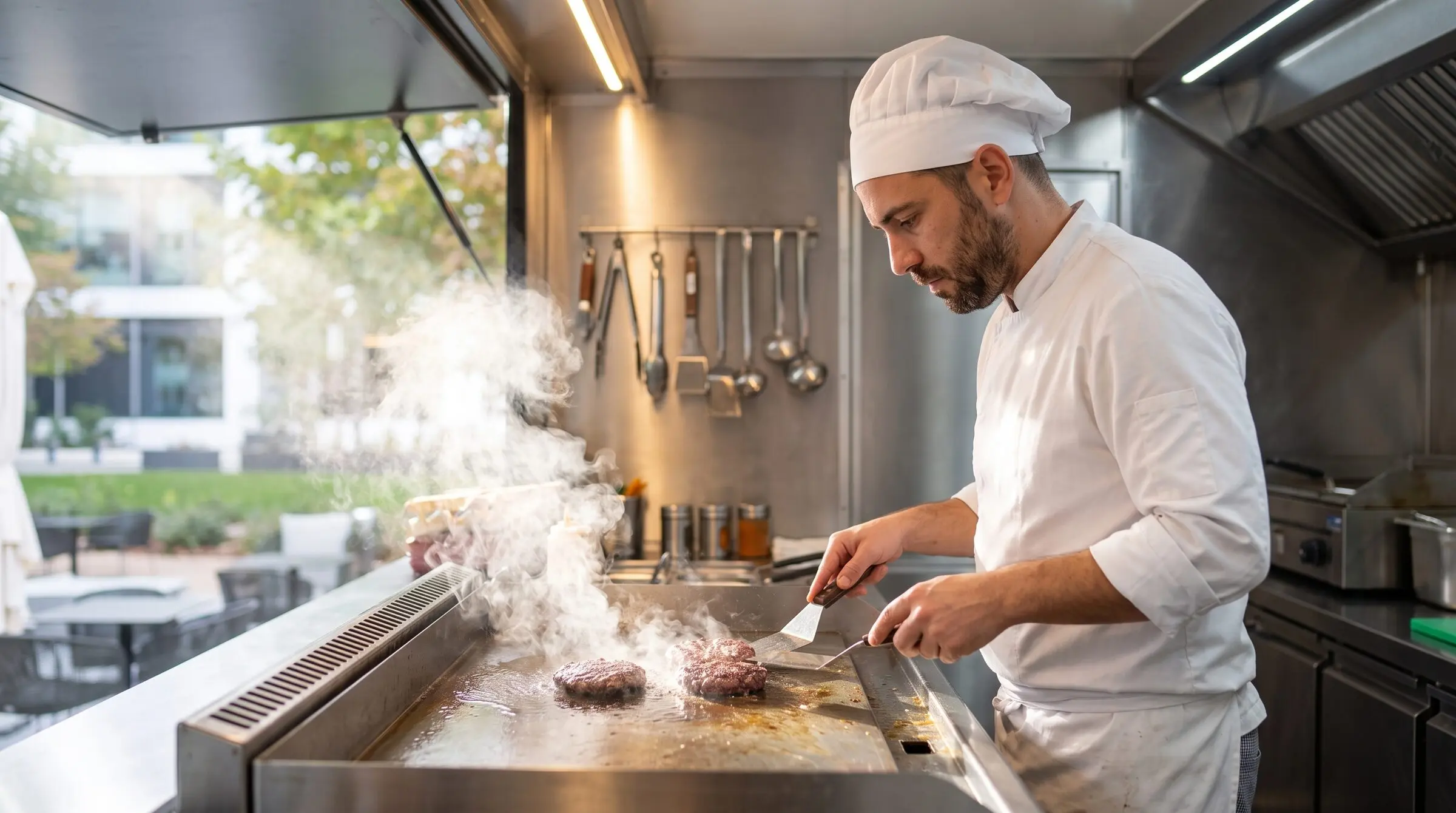 Cocinero haciendo hamburguesas en la plancha del food truck