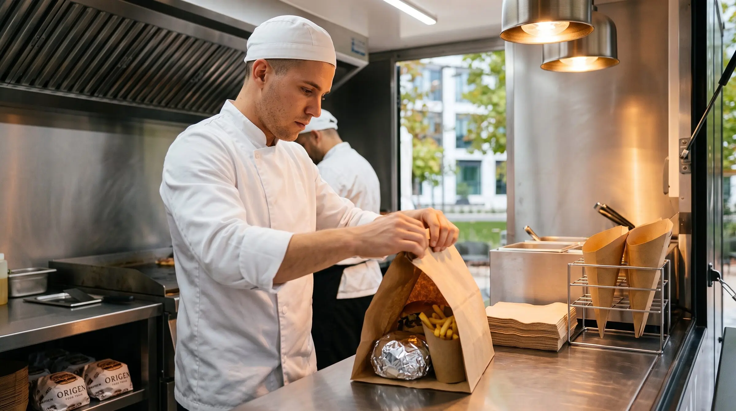 Cocinero empaquetando un pedido para llevar