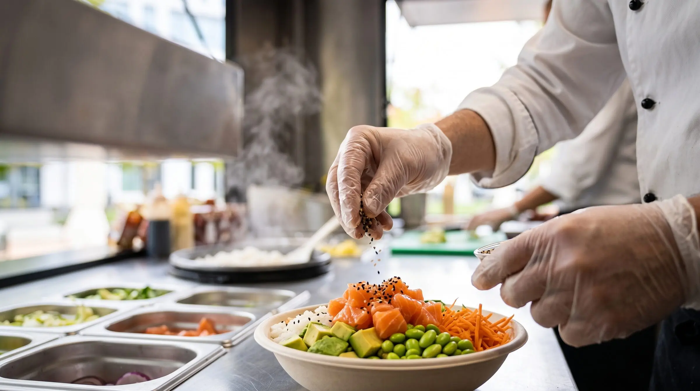 Cocinero preparando un bowl con salmón, aguacate y edamame