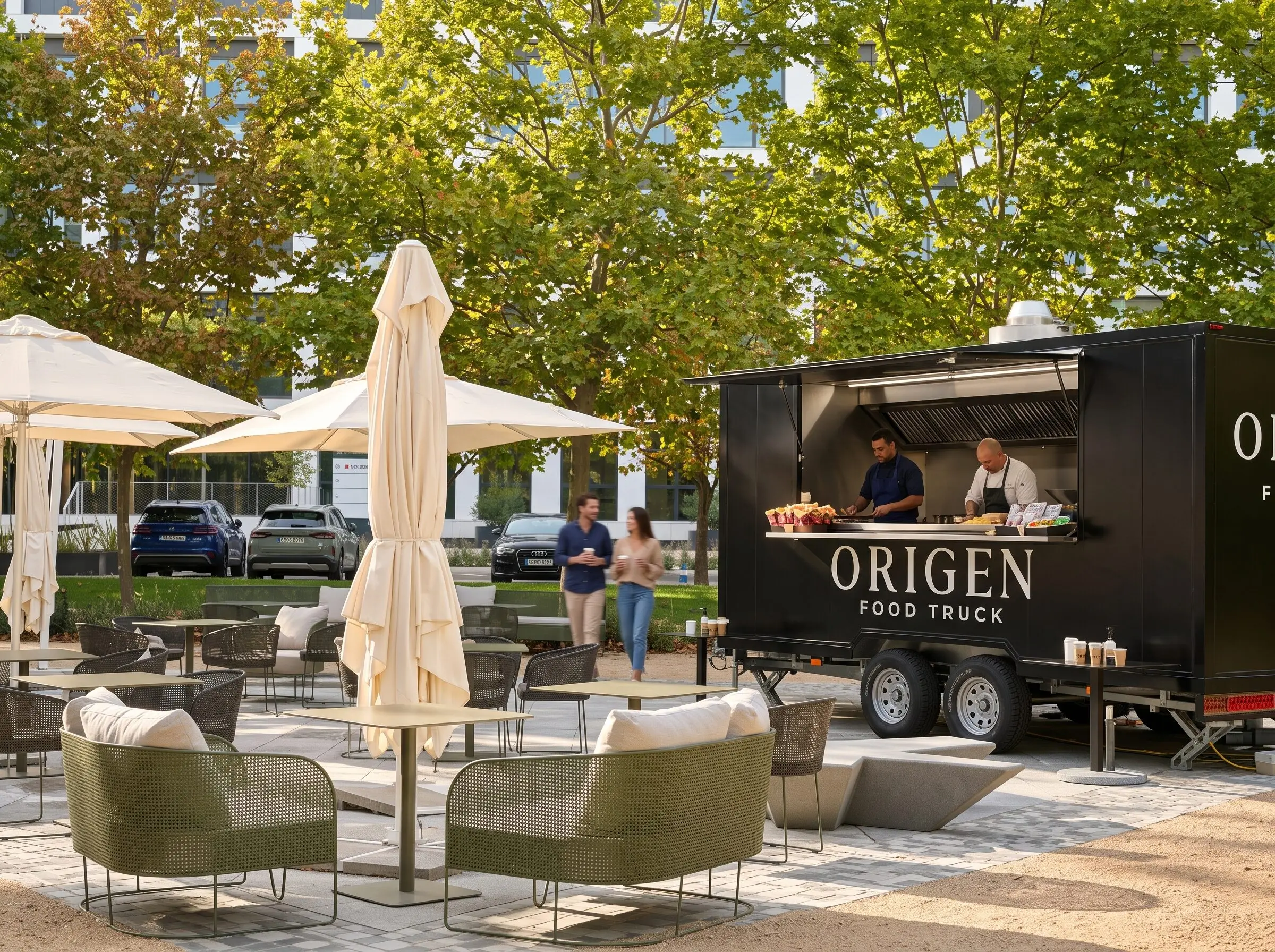 Terraza con sombrillas y el food truck de Origen entre los árboles