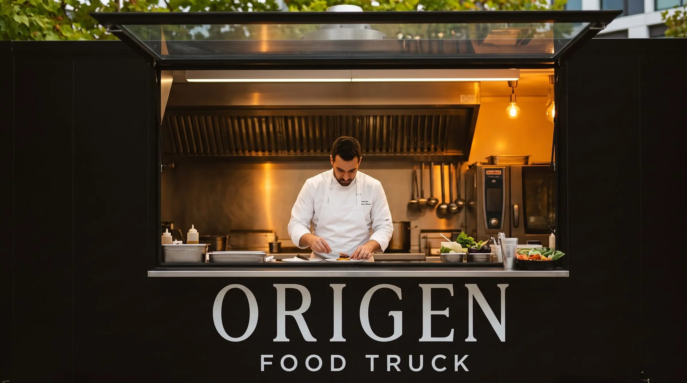 Ventanilla iluminada del food truck con el cocinero trabajando